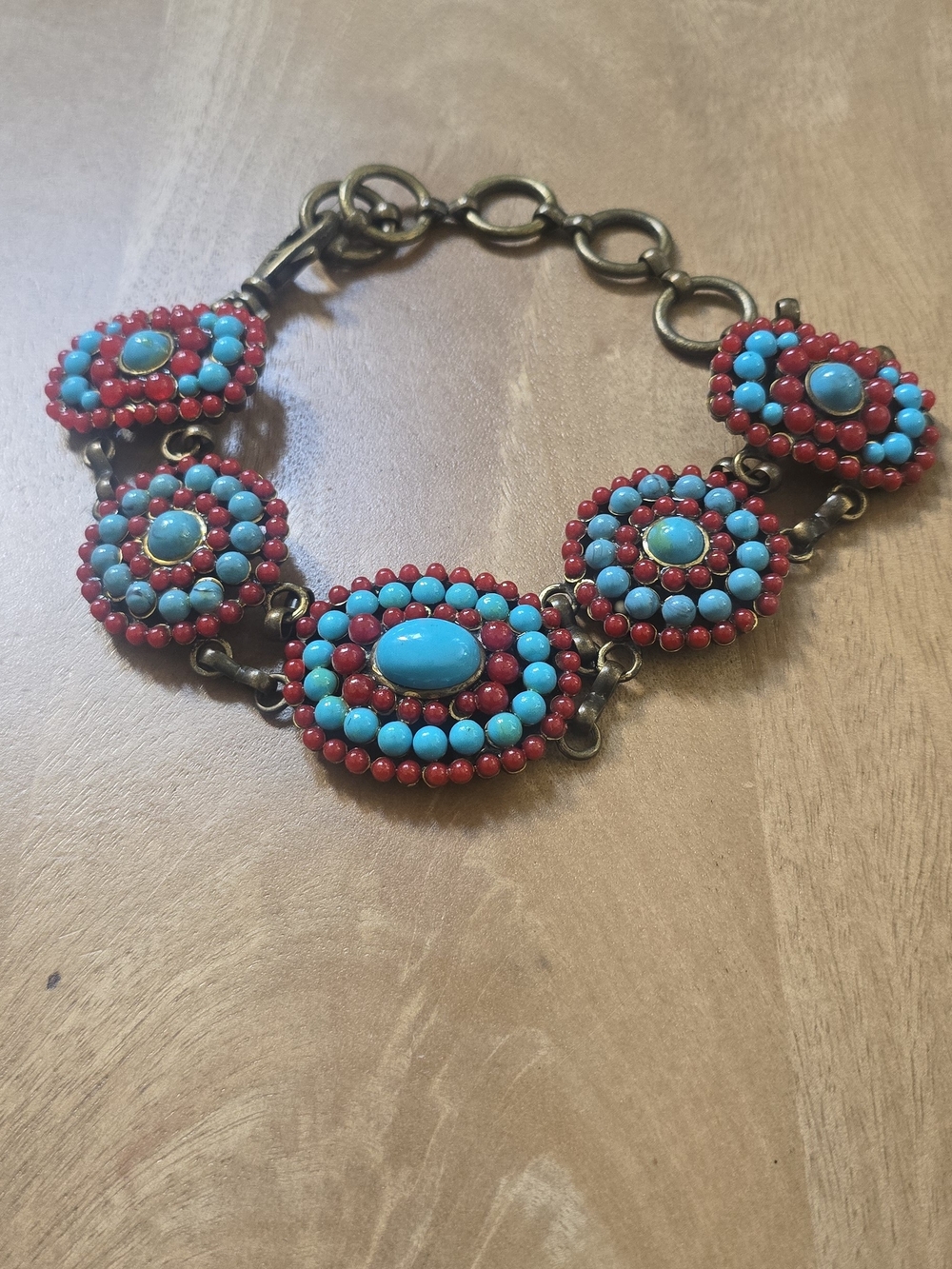Southwestern Turquoise & Red Bead Medallion Statement Choker Necklace